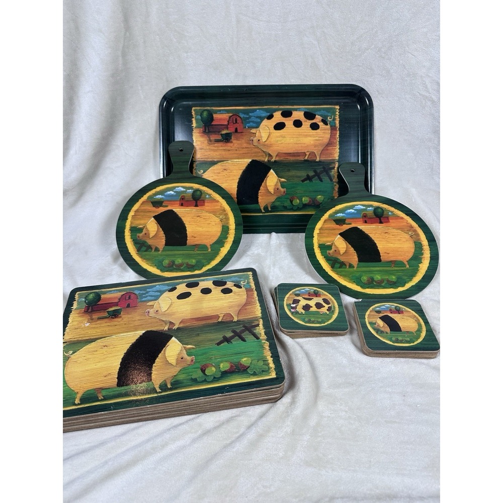 VTG Farm Animal Melamine 19 Pc Set Italy Tray Boards Placemats Coasters Folk Art